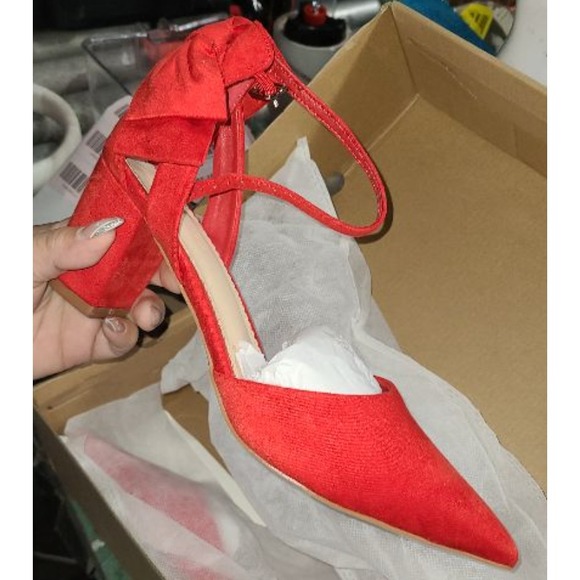 Coutgo Women's Chunky Heels Ankle Strap Pointed Toe Red Pumps Back Bow Size 9 - Picture 4 of 4